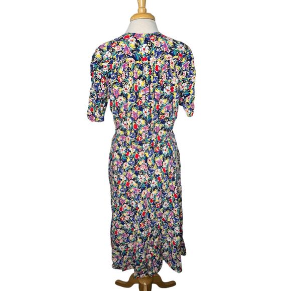 Vintage 80s Rayon Floral Midi Dress Size 9/10 Pockets Buttons CAROLE ANDERSON - Picture 3 of 10